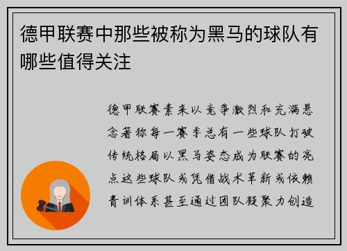 德甲联赛中那些被称为黑马的球队有哪些值得关注